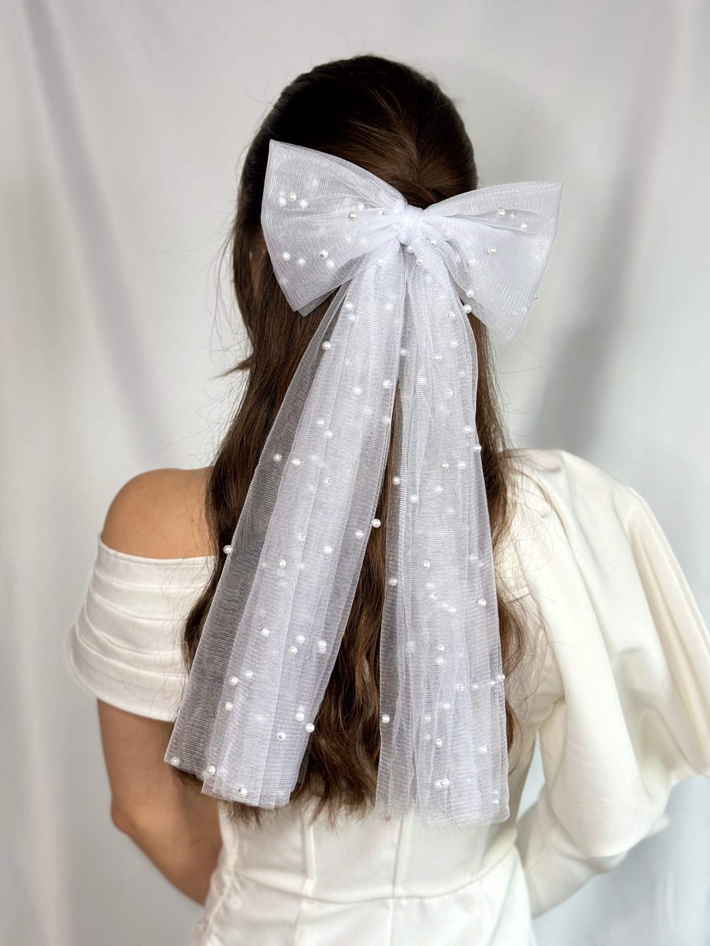 Bridal Hair Bow White Tulle Pearl Handmade