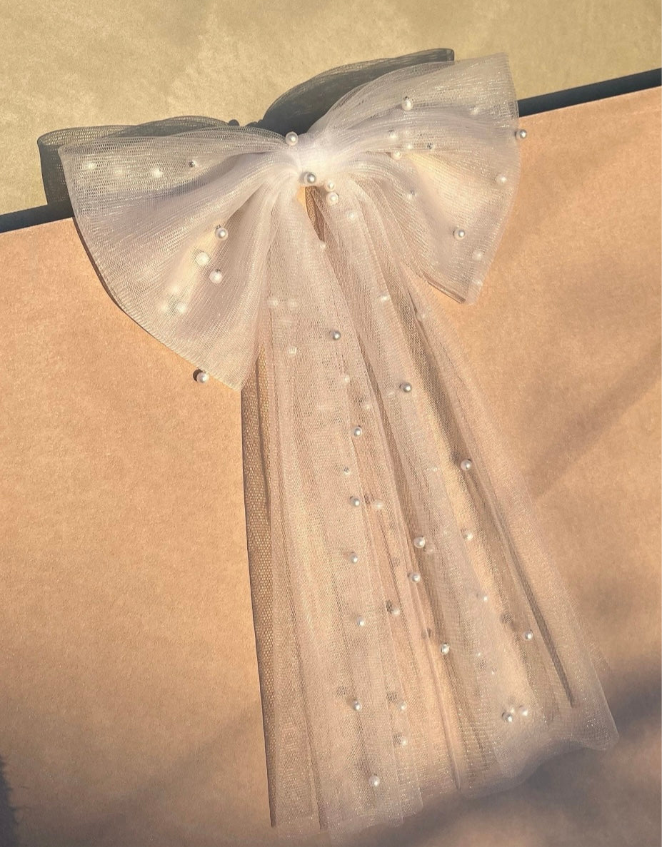 Bridal Hair Bow White Tulle Pearl Handmade