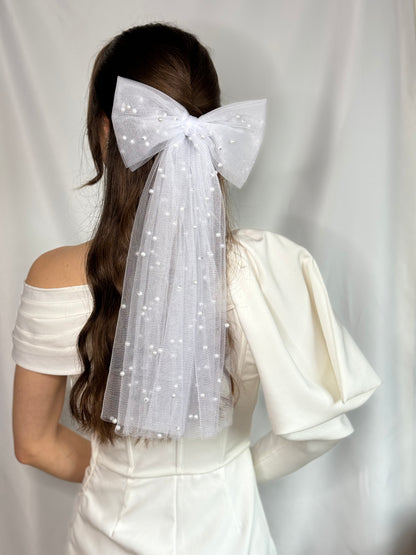 Bridal Hair Bow White Tulle Pearl Handmade