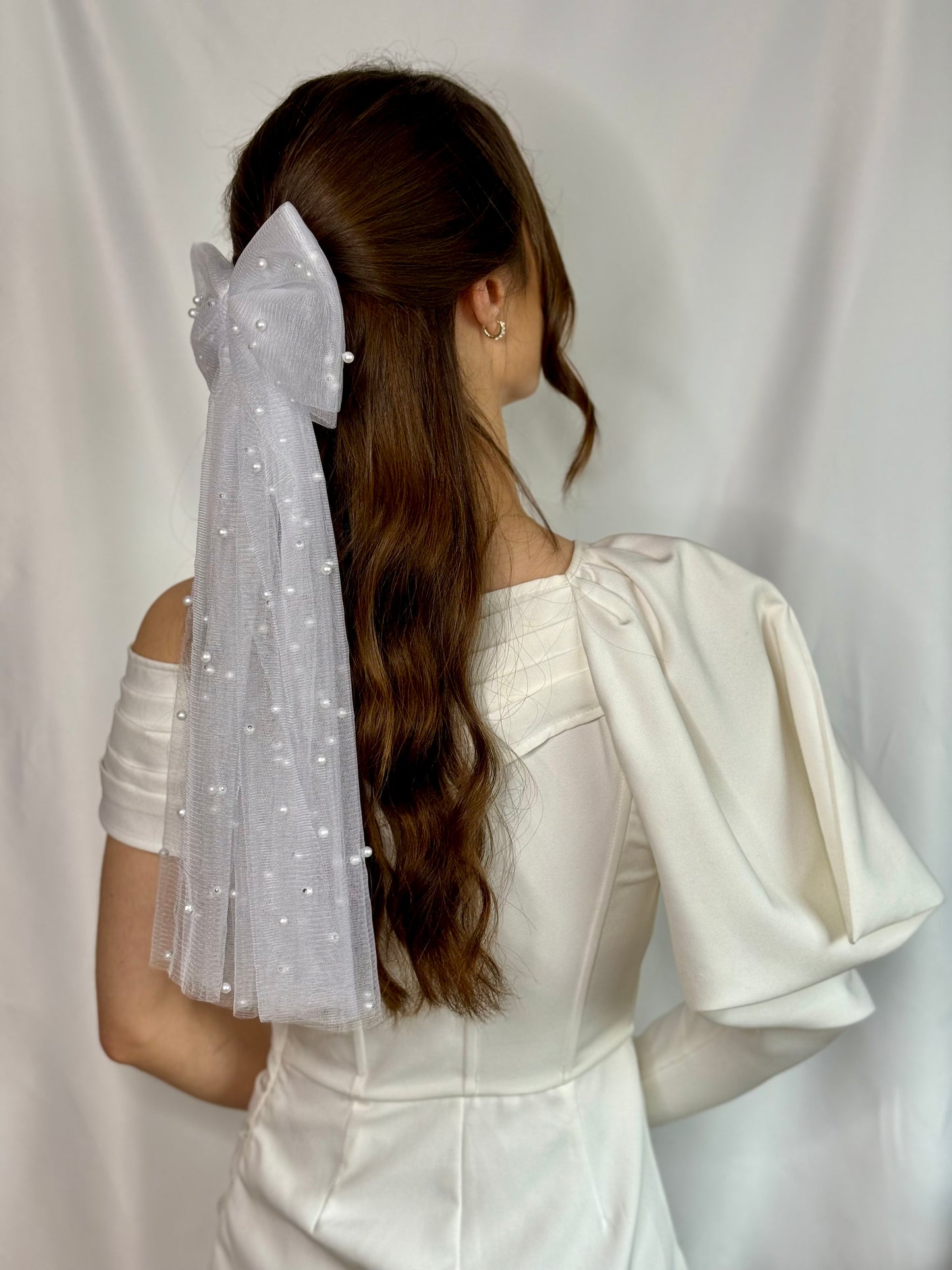 Bridal Hair Bow White Tulle Pearl Handmade