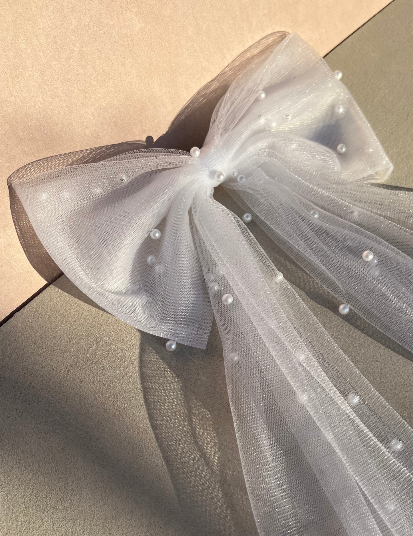 Bridal Hair Bow White Tulle Pearl Handmade
