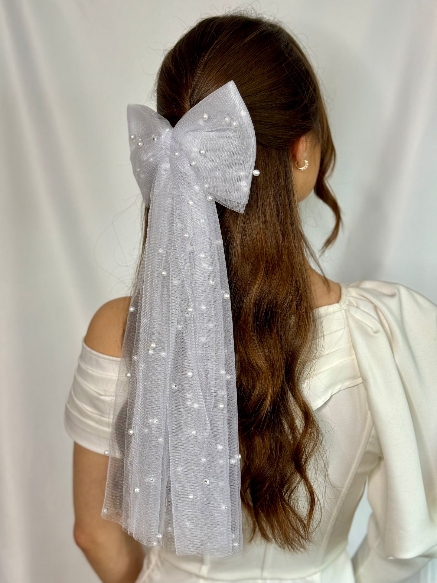 Bridal Hair Bow White Tulle Pearl Handmade