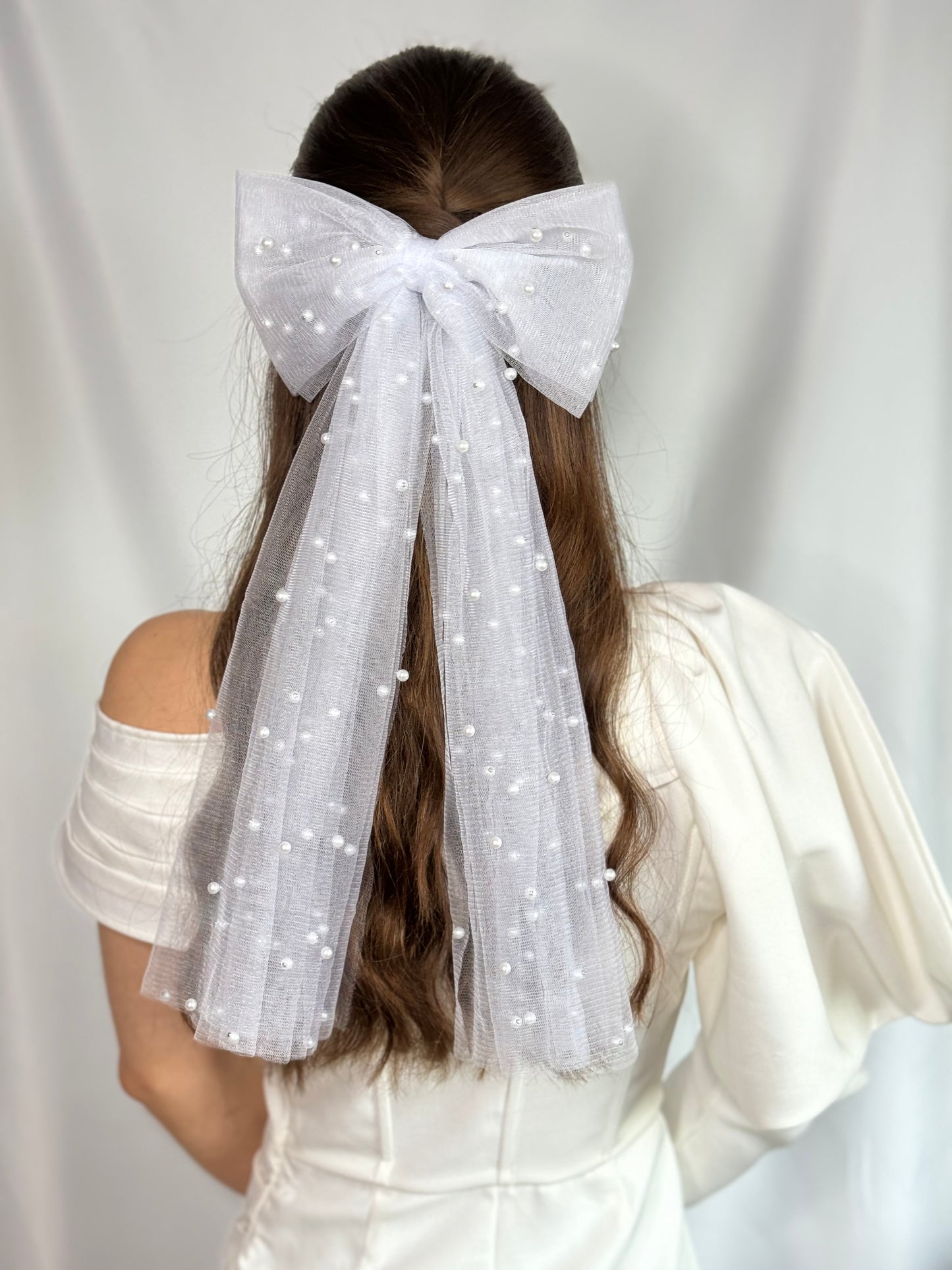 Bridal Hair Bow White Tulle Pearl Handmade